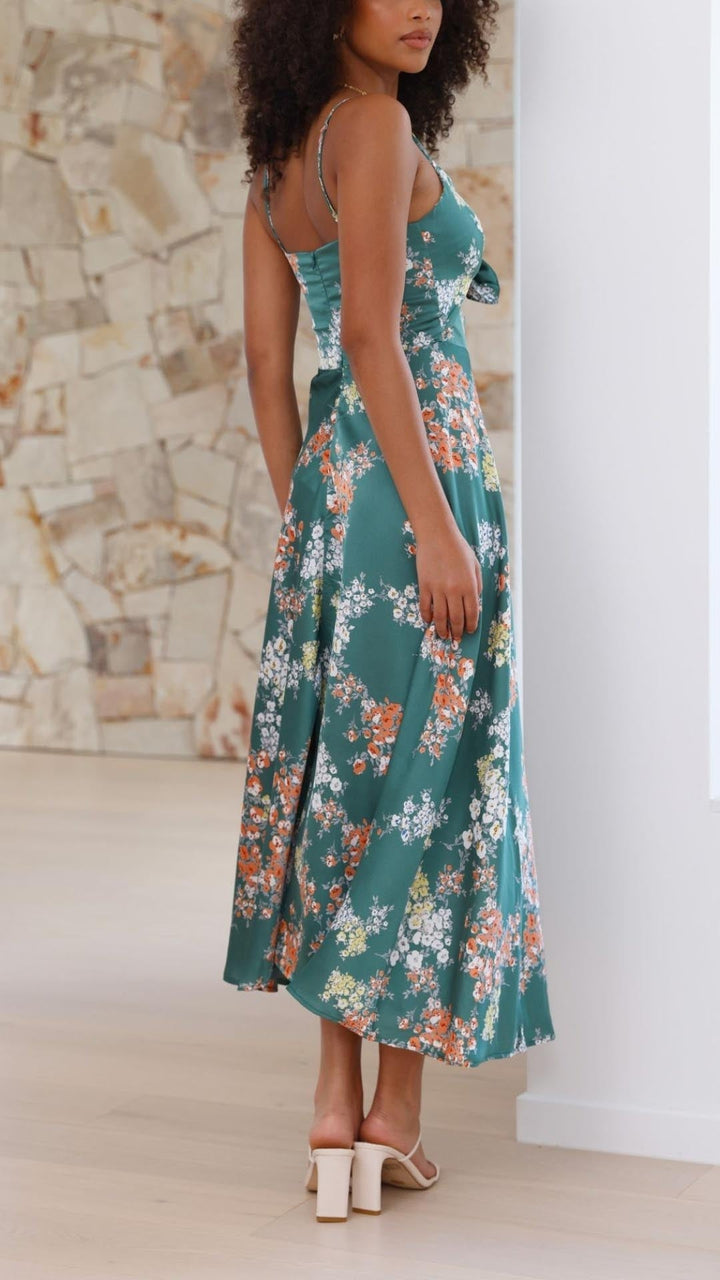 Elegant Satin Floral Dress for Women Autumn Summer