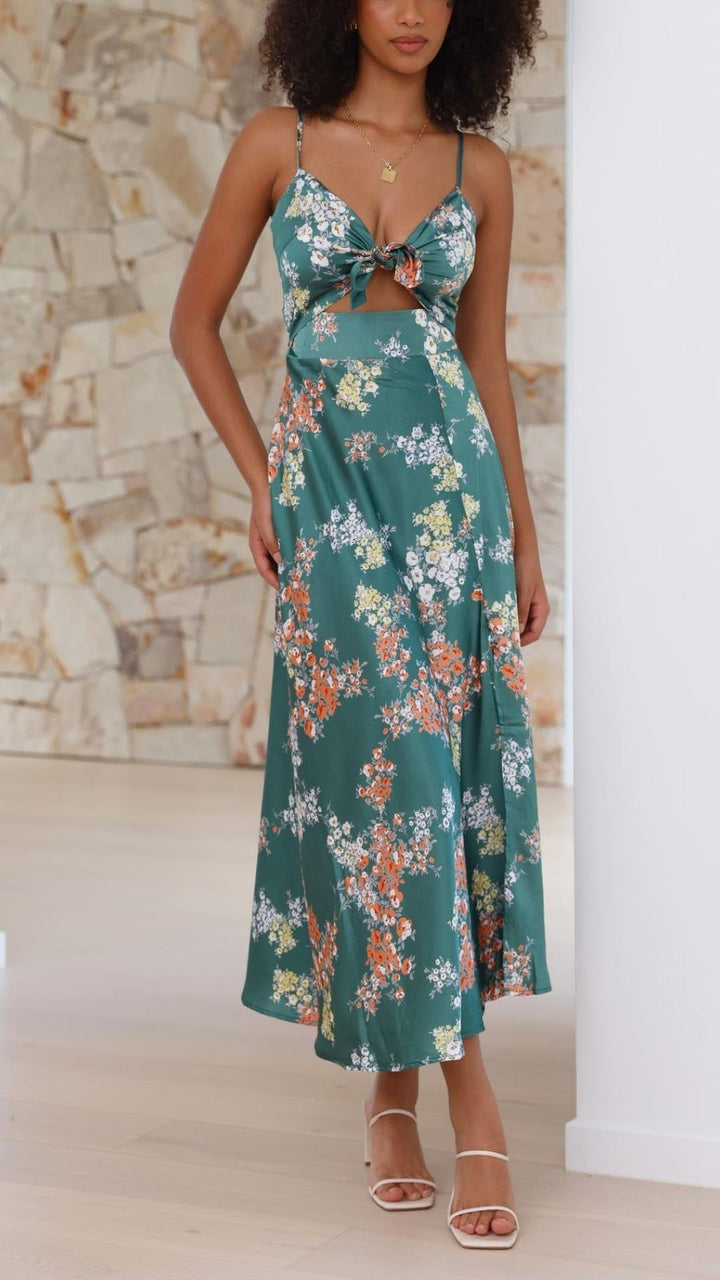 Elegant Satin Floral Dress for Women Autumn Summer