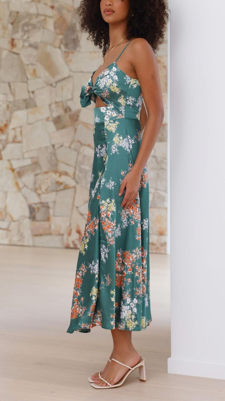 Elegant Satin Floral Dress for Women Autumn Summer