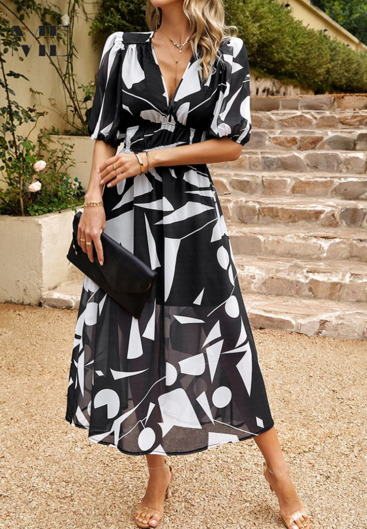 Monica Floral Midi Dress with Puff Sleeves Elegant Summer Style
