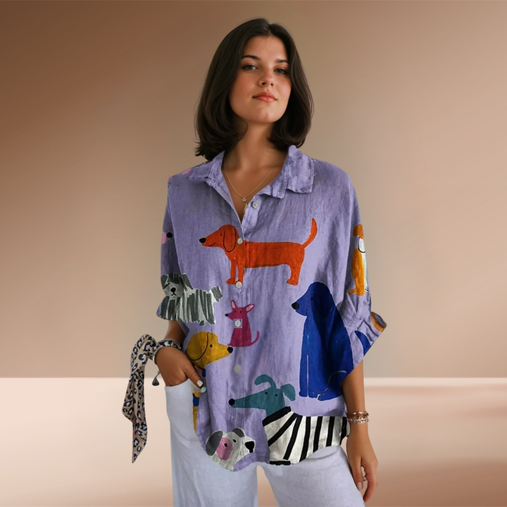 Isabella Dog Print Button-Down Shirt for Autumn and Summer