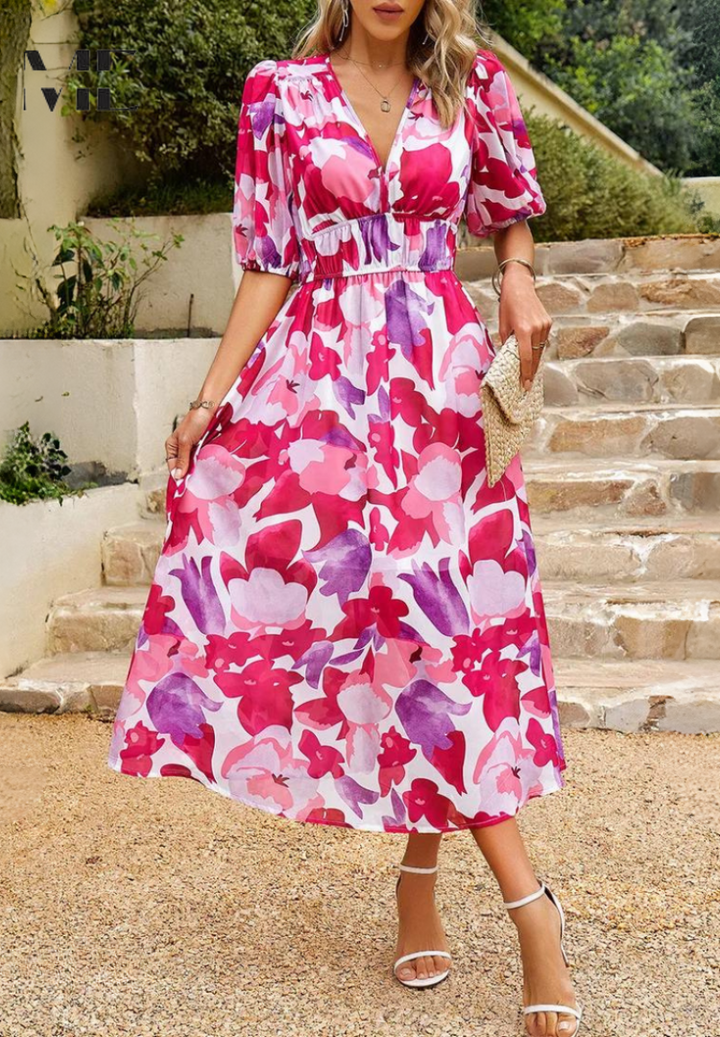 Monica Floral Midi Dress with Puff Sleeves Elegant Summer Style