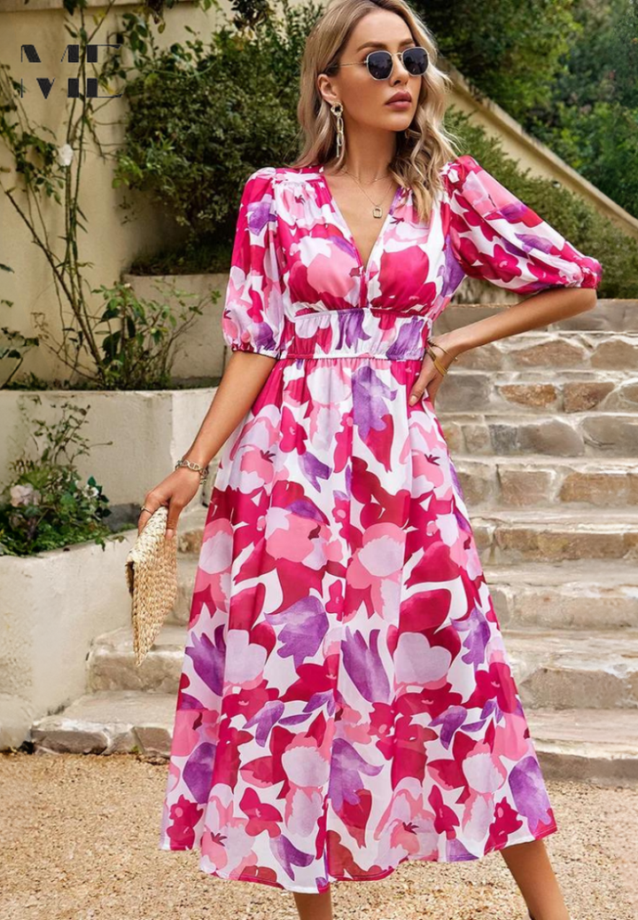 Monica Floral Midi Dress with Puff Sleeves Elegant Summer Style