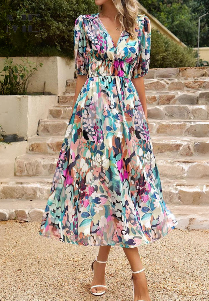 Monica Floral Midi Dress with Puff Sleeves Elegant Summer Style