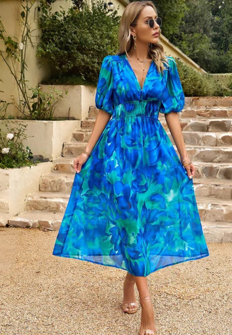 Monica Floral Midi Dress with Puff Sleeves Elegant Summer Style