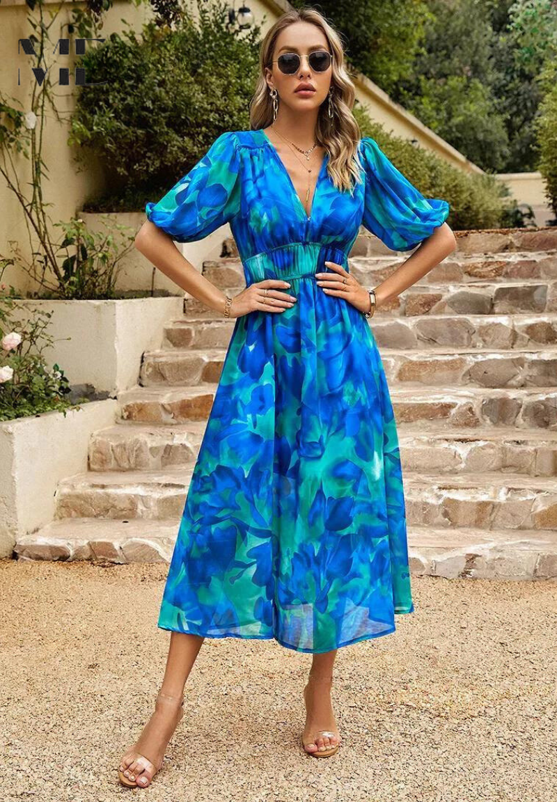 Monica Floral Midi Dress with Puff Sleeves Elegant Summer Style