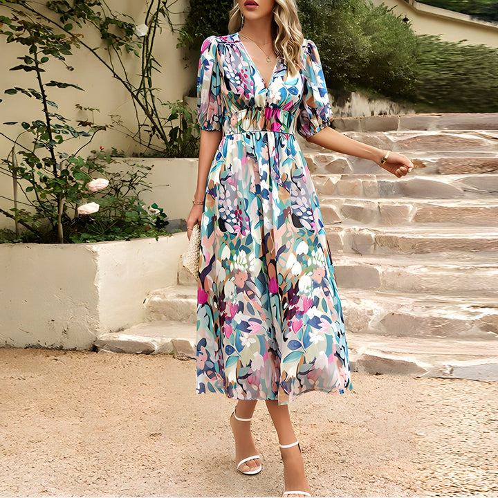 Isolde V-Neck Midi Dress with Puff Sleeves Summer Fashion