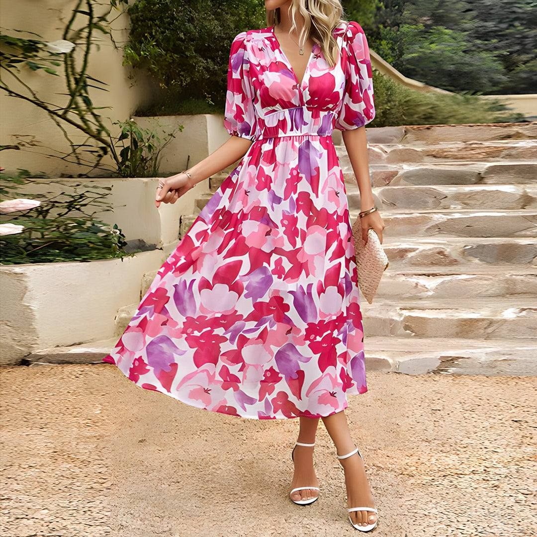Isolde V-Neck Midi Dress with Puff Sleeves Summer Fashion