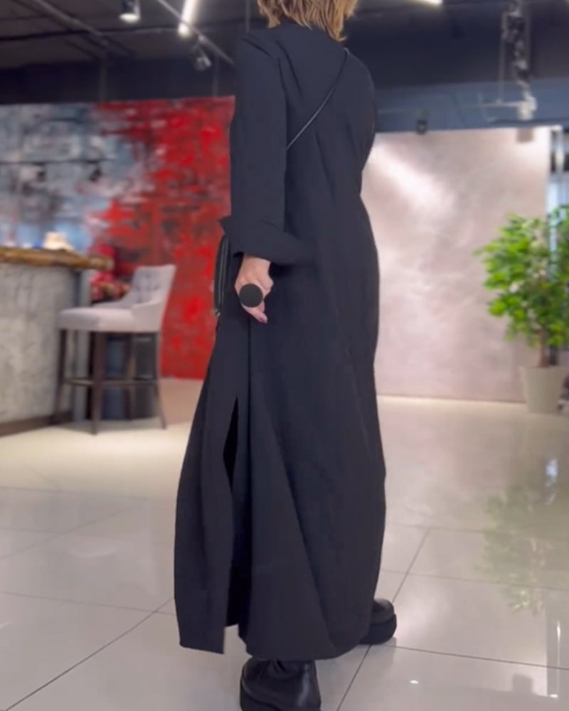 Evia Loose Long Maxi Dress with Lapel and Side Slit – Elegant Autumn Dress