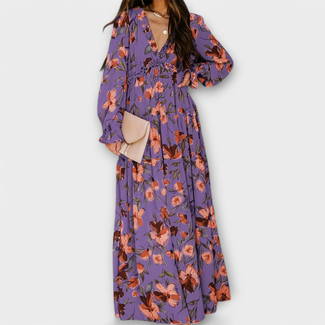 Elle Floral V-Neck Maxi Dress – Comfortable Elegant Summer & Autumn Dress