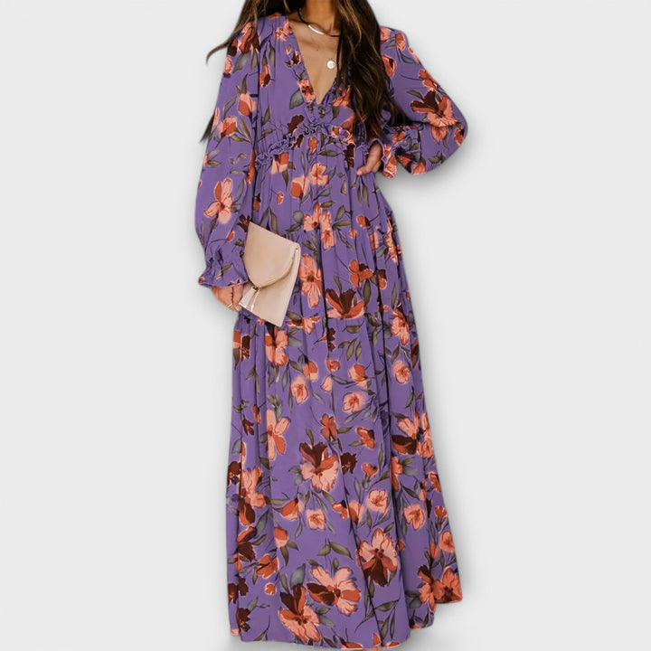 Elle Floral V-Neck Maxi Dress – Comfortable Elegant Summer & Autumn Dress