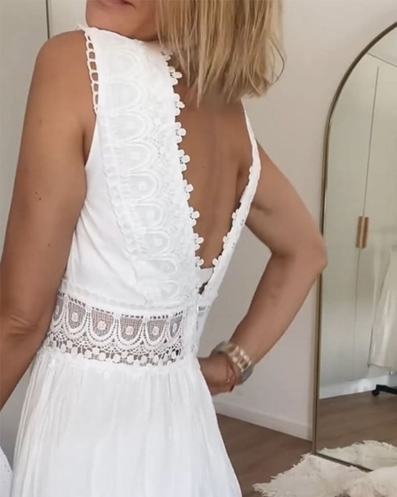Rose Lace V-Neck Cami Maxi Dress Lightweight Summer and Autumn