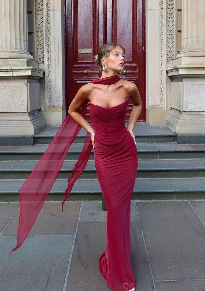 Aniyah Strapless Bodycon Maxi Dress Elegant Evening Wear Autumn