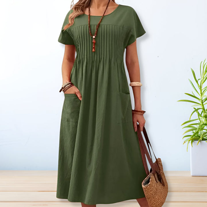Leonie Pleated Pocket Midi Dress with Comfort for Autumn and Summer