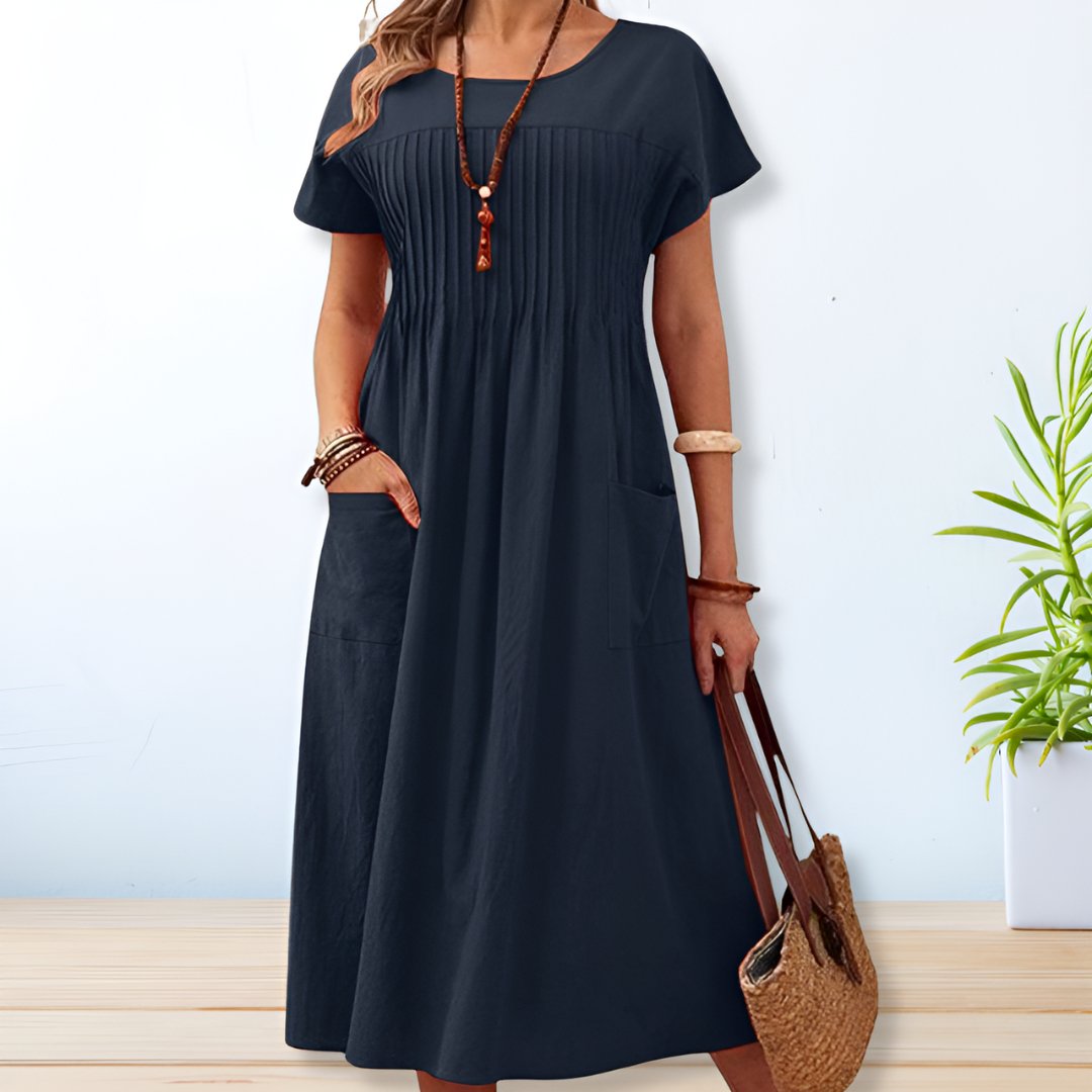 Leonie Pleated Pocket Midi Dress with Comfort for Autumn and Summer