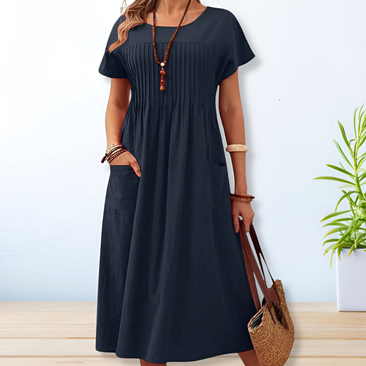 Leonie Pleated Pocket Midi Dress with Comfort for Autumn and Summer