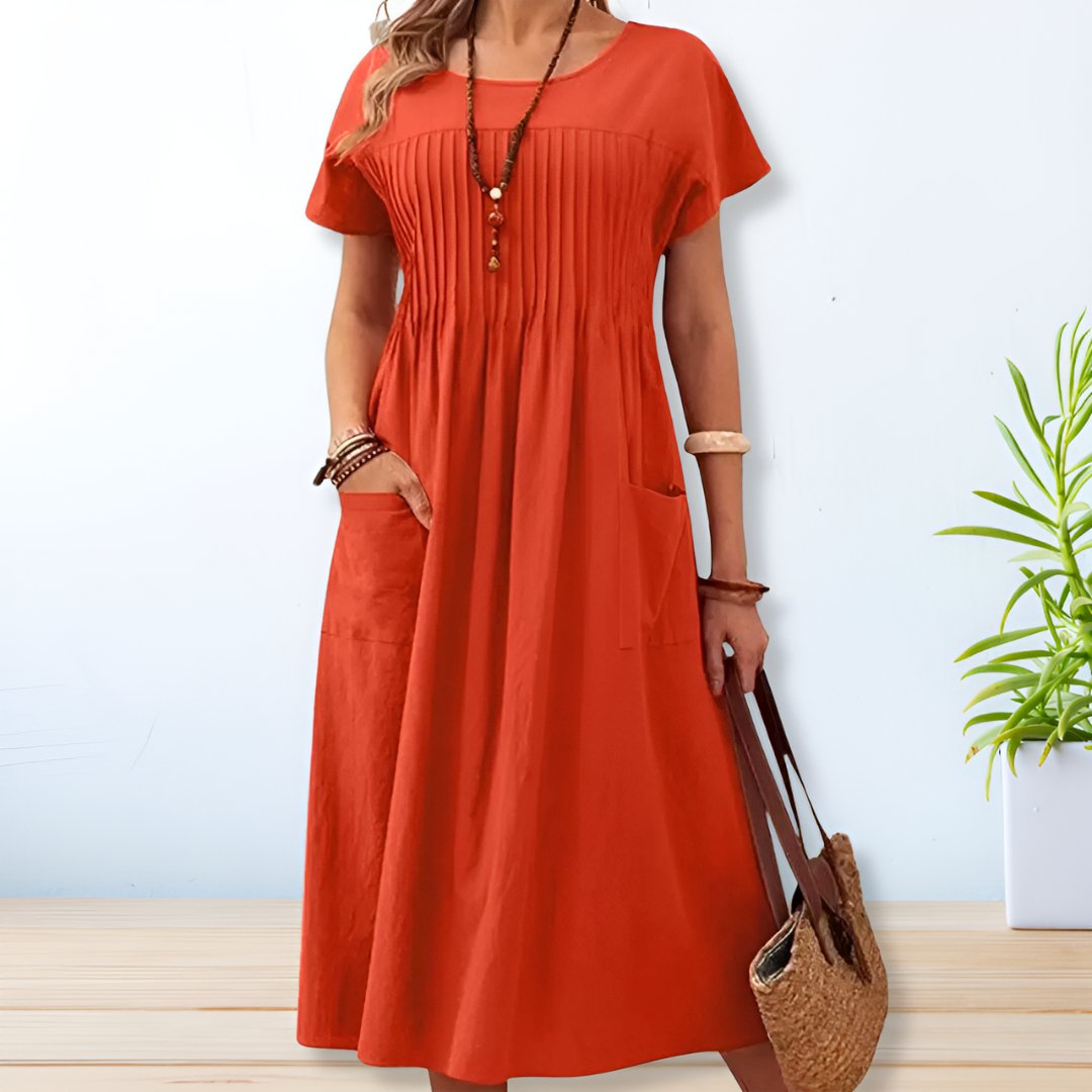 Leonie Pleated Pocket Midi Dress with Comfort for Autumn and Summer