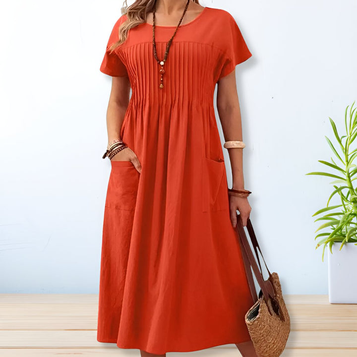 Leonie Pleated Pocket Midi Dress with Comfort for Autumn and Summer