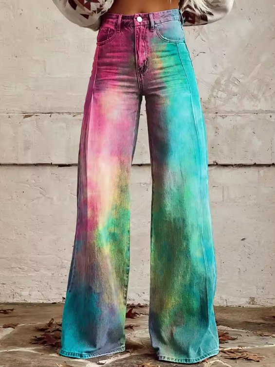 Zoey Colorful Tie-Dye Wide-Leg Jeans for Autumn and Summer
