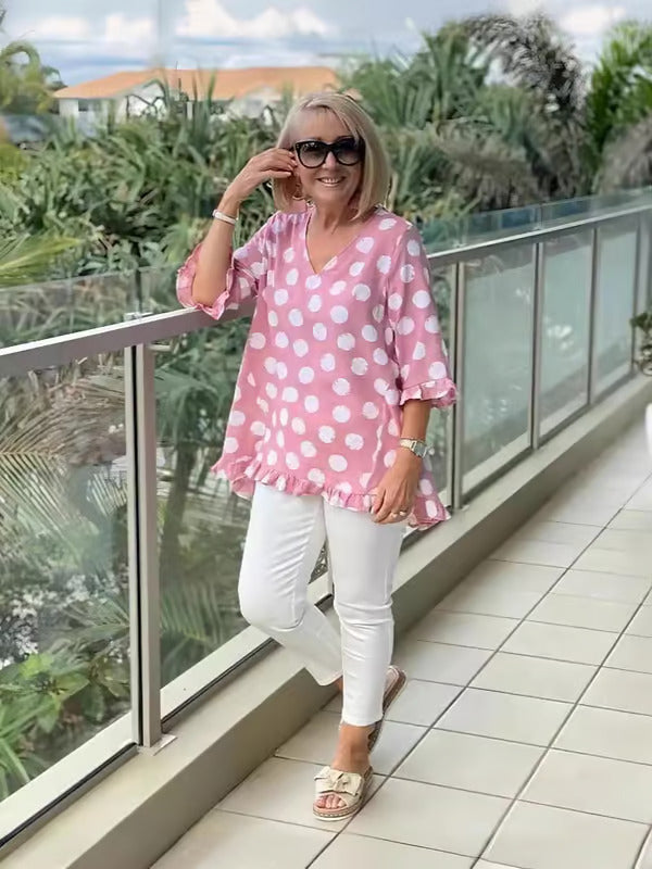 Beth V-Neck Lightweight Polka Dot Blouse Summer Top
