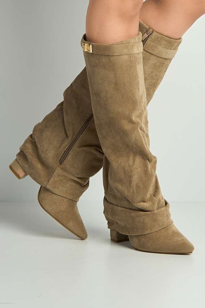 Izel Block Heel Pointy Toe Gold Trim Buckle Ruched Boots in Taupe Suede