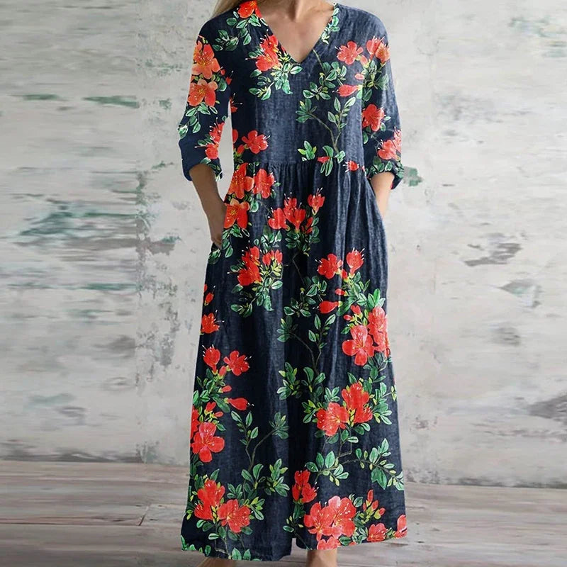 Kirsten Floral V-Neck Maxi Dress Elegant Flowing Design for Summer and Autumn