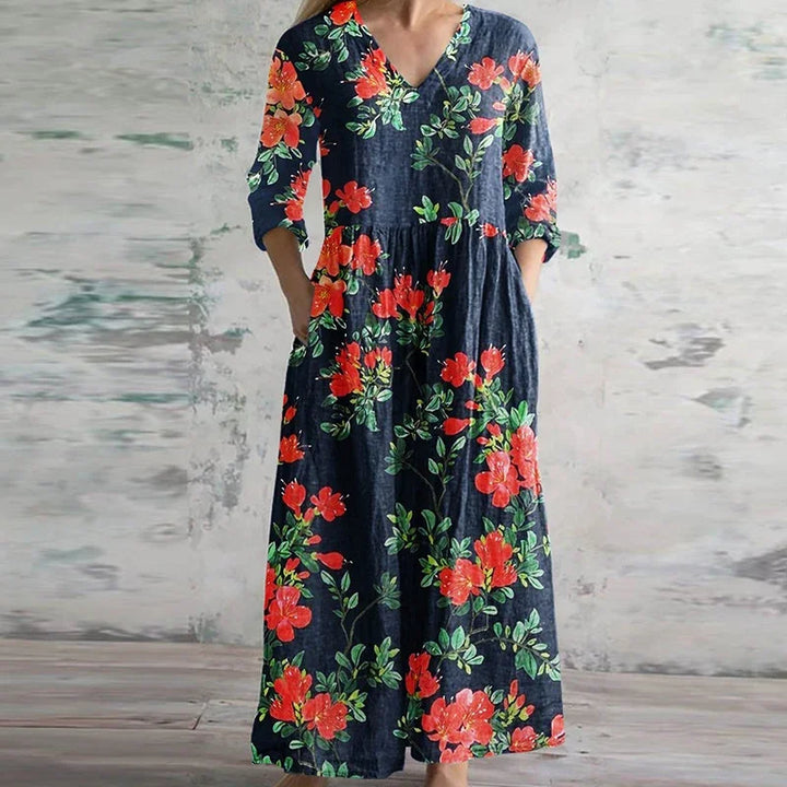 Kirsten Floral V-Neck Maxi Dress Elegant Flowing Design for Summer and Autumn