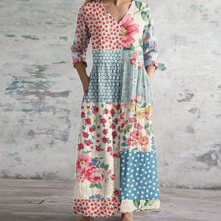 Kirsten Floral V-Neck Maxi Dress Elegant Flowing Design for Summer and Autumn