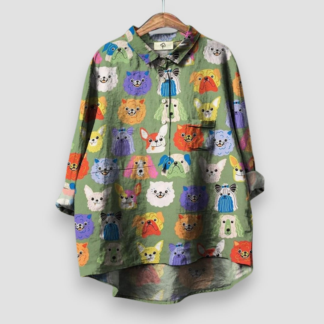 Geraldine Women's Shirt with Dog Print for Summer and Autumn