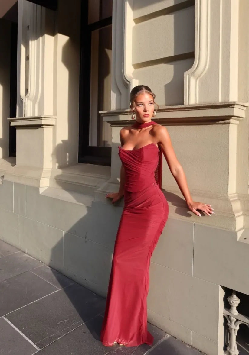 Aniyah Strapless Bodycon Maxi Dress Elegant Evening Wear Autumn
