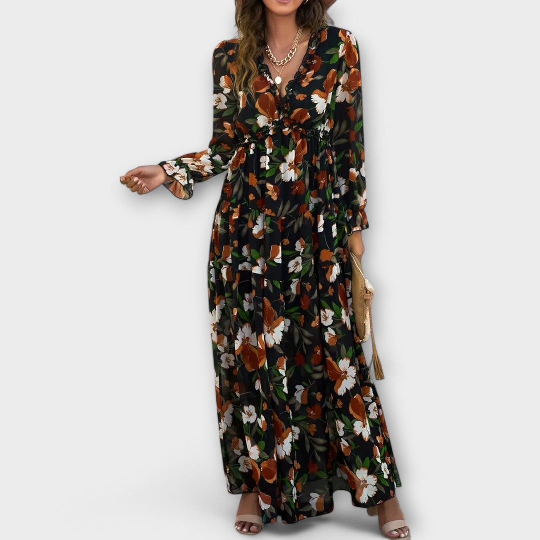 Elle Floral V-Neck Maxi Dress – Comfortable Elegant Summer & Autumn Dress