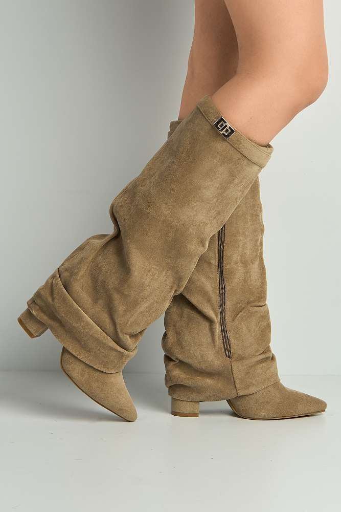 Izel Block Heel Pointy Toe Gold Trim Buckle Ruched Boots in Taupe Suede