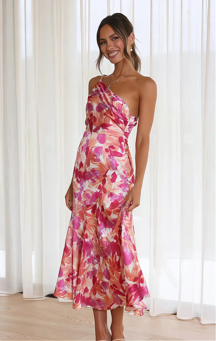 Diane Floral Satin Dress with Elegant Fit for Autumn and Summer