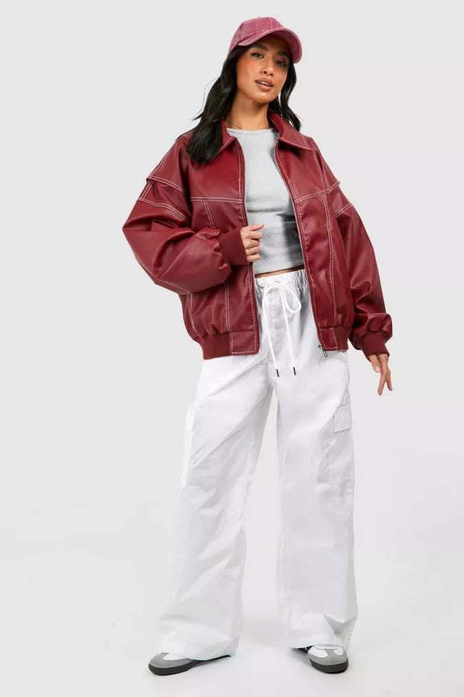 Faye Oversized Red Leather Jacket Stylish Outerwear for Autumn
