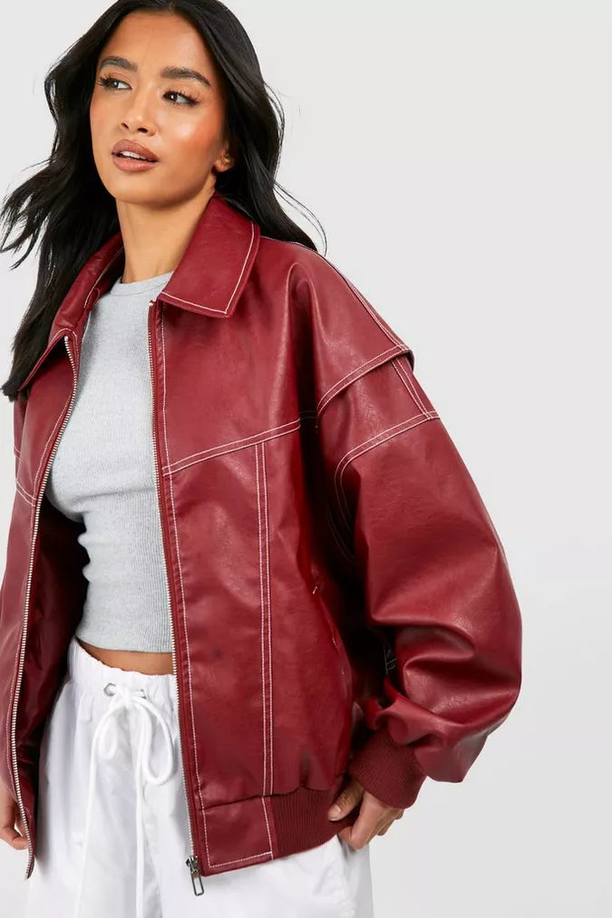 Faye Oversized Red Leather Jacket Stylish Outerwear for Autumn