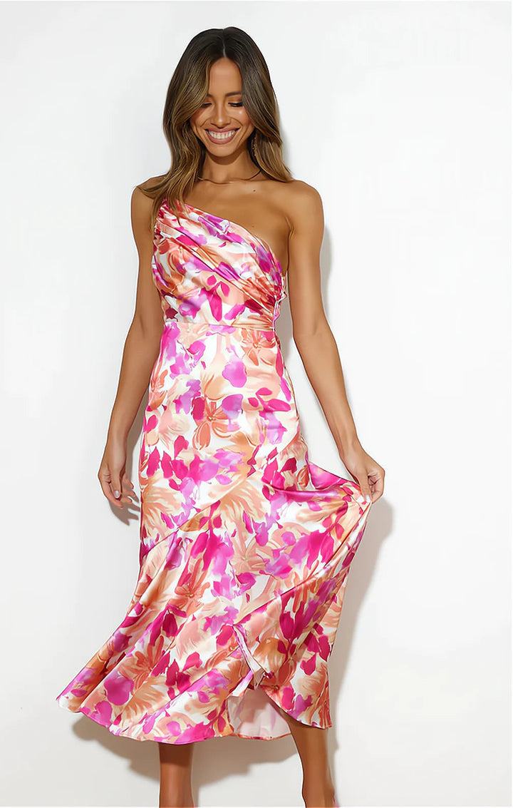 Diane Floral Satin Dress with Elegant Fit for Autumn and Summer