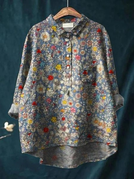 Donna Floral Print Blouse in Bamboo Hemp Fabric for Autumn and Summer