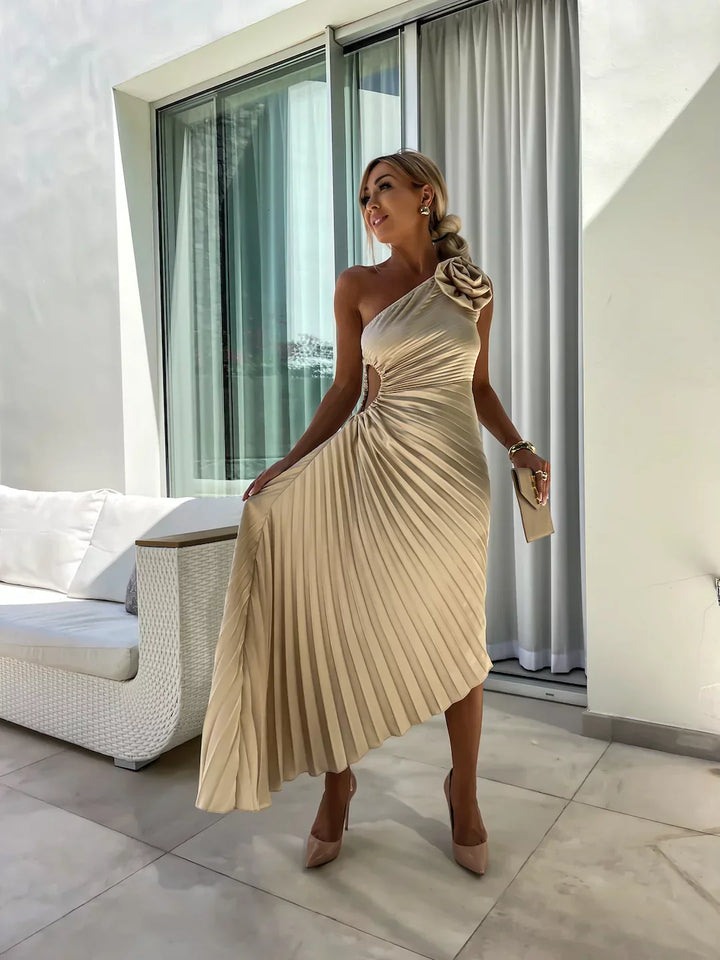 Sophia Romantic Flower Dress Elegant One-Shoulder Design for Autumn