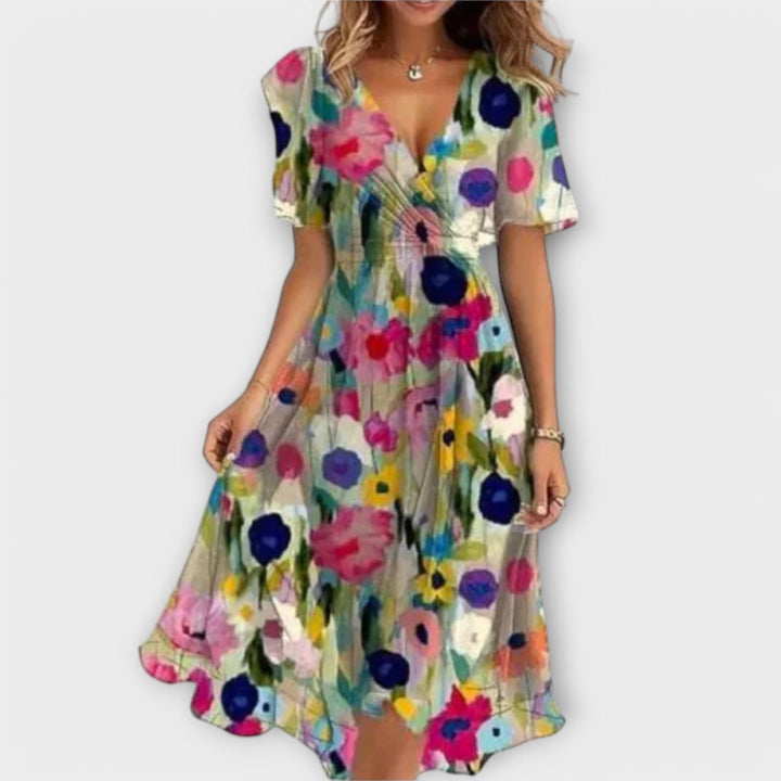 Annegret Floral V-Neck Wrap Midi Dress Lightweight Everyday Elegance for Summer
