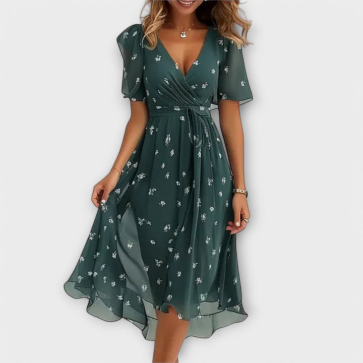 Annegret Floral V-Neck Wrap Midi Dress Lightweight Everyday Elegance for Summer