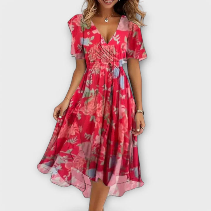 Annegret Floral V-Neck Wrap Midi Dress Lightweight Everyday Elegance for Summer