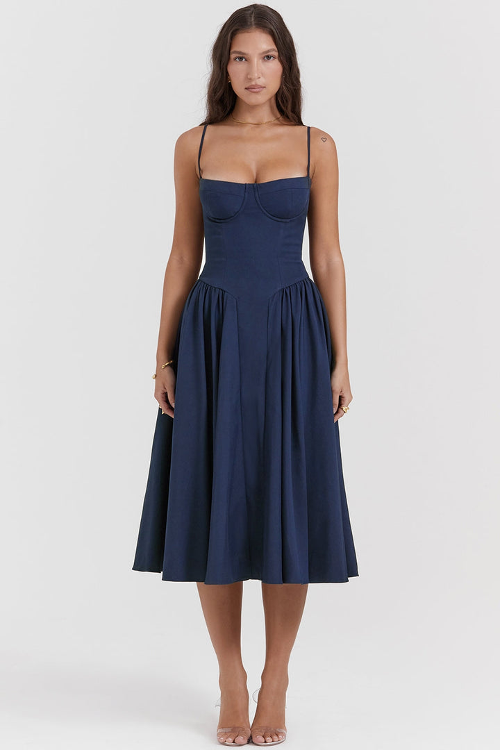 Celine Corset Midi Dress with Breathable Twill Fabric for Summer