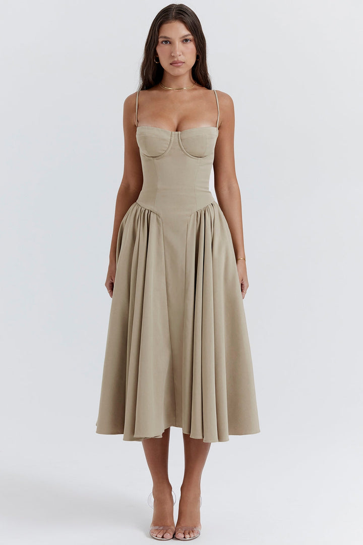 Celine Corset Midi Dress with Breathable Twill Fabric for Summer