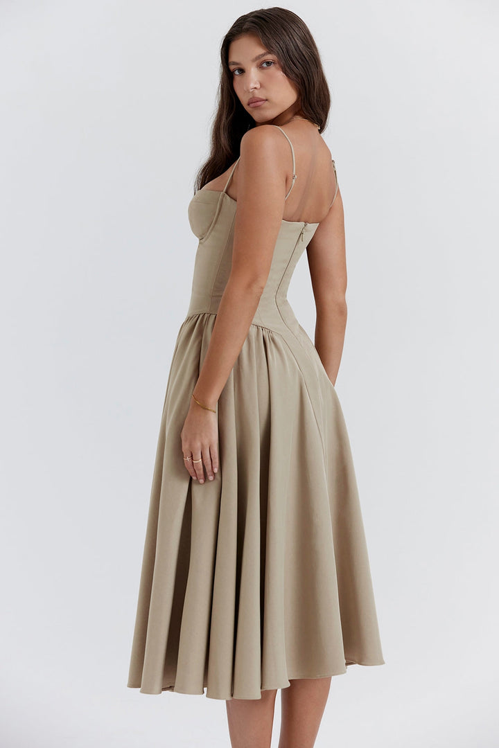 Celine Corset Midi Dress with Breathable Twill Fabric for Summer