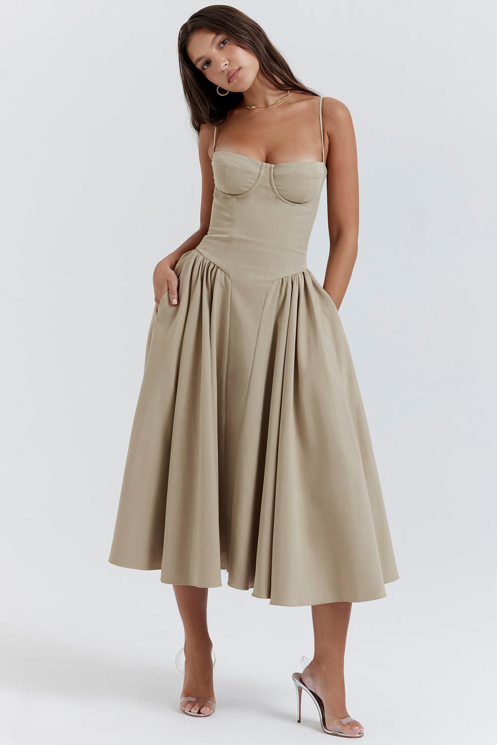 Celine Corset Midi Dress with Breathable Twill Fabric for Summer
