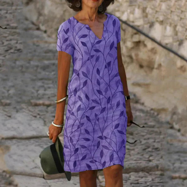 Deniel Printed V-Neck A-Line Dress for Autumn and Summer
