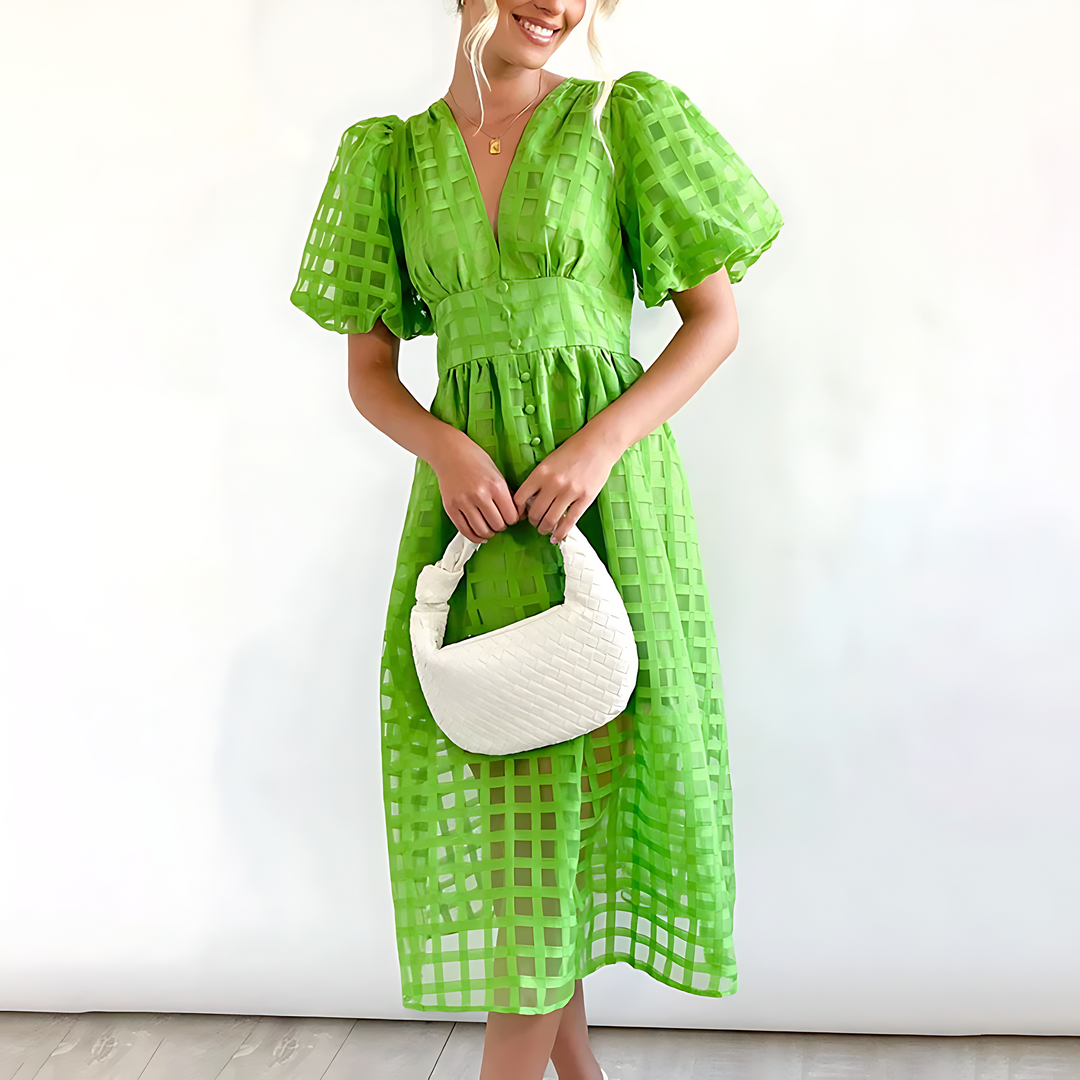 Hallie Elegant Summer Dress with Timeless Plaid Print and Ankle-Length Silhouette