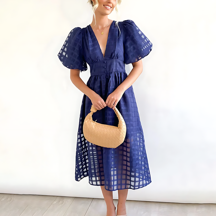 Hallie Elegant Summer Dress with Timeless Plaid Print and Ankle-Length Silhouette