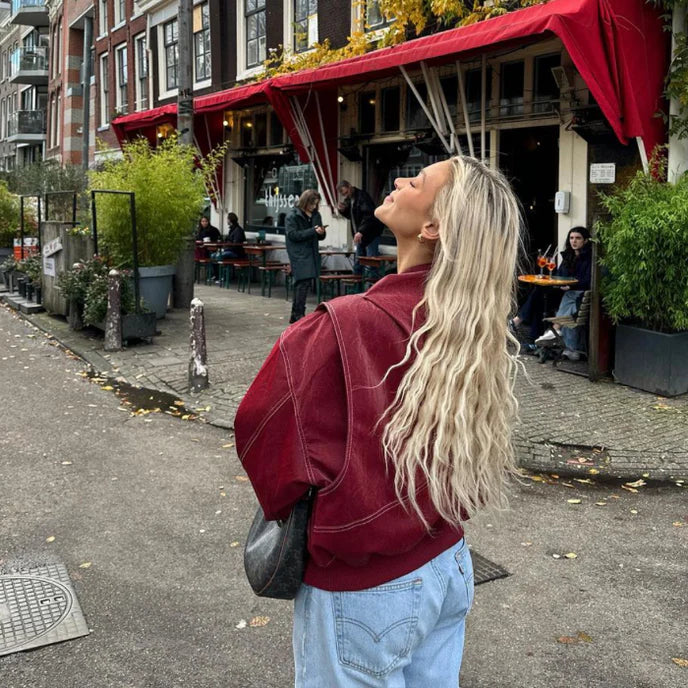 Faye Oversized Red Leather Jacket Stylish Outerwear for Autumn