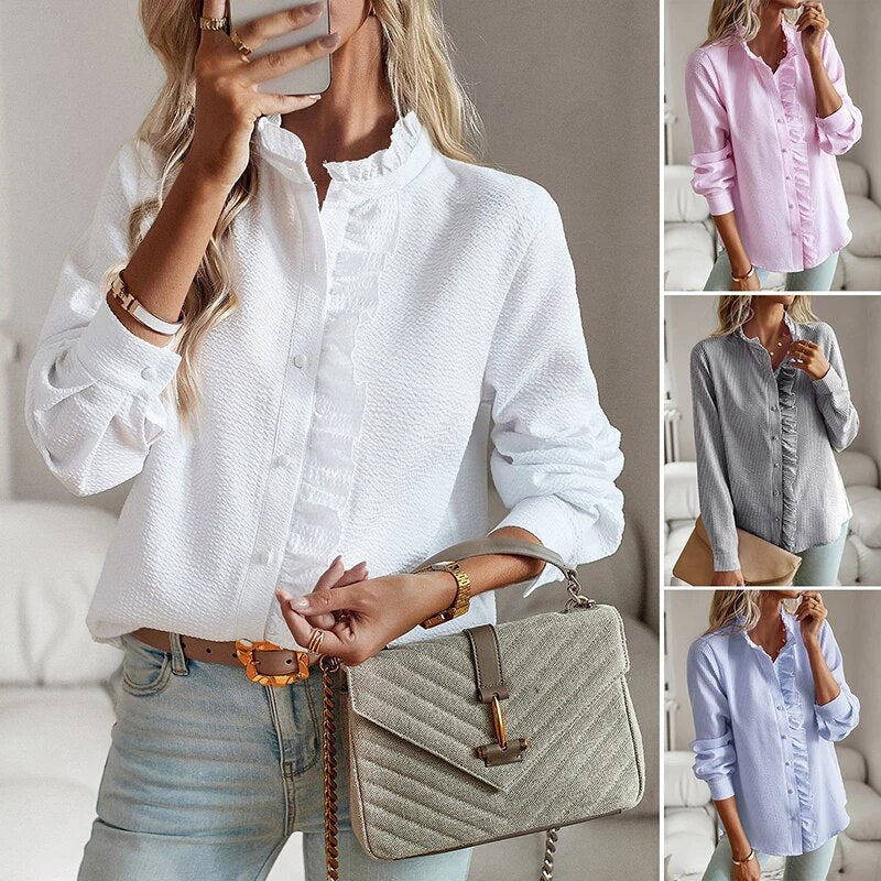 Alice Ruffled Button-Up Blouse Lightweight Elegant Design for Summer and Autumn